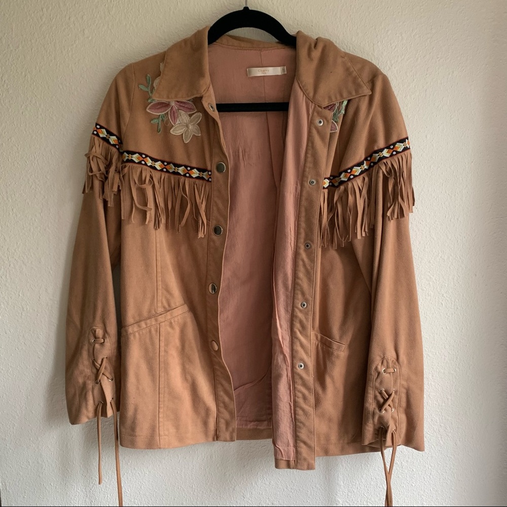 Camel fringe embroidered jacket Small